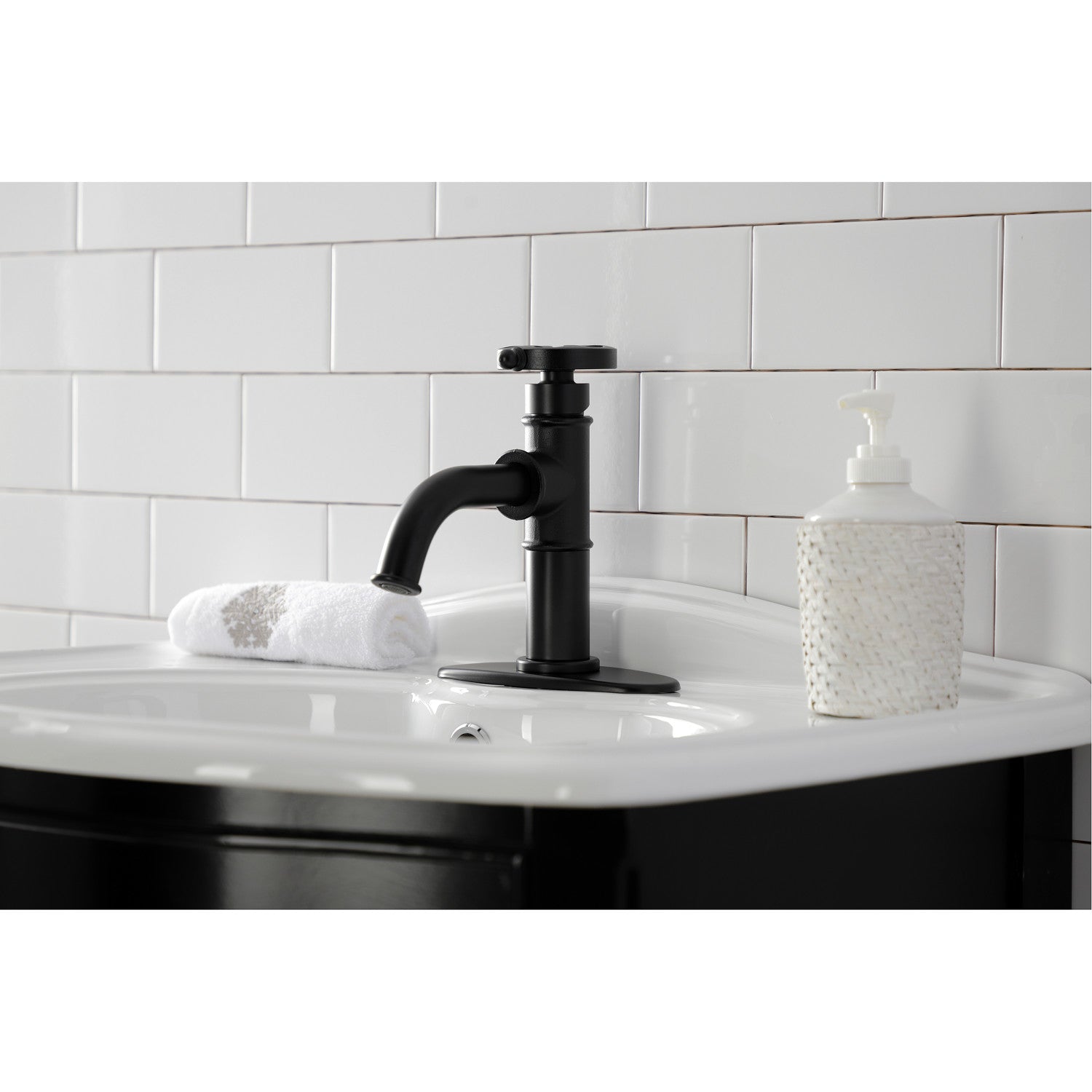 Kingston Sona KSD2820RX - Belknap One-Handle 1-Hole Bathroom Faucet with Deck Plate and Push Pop-Up Drain, Matte Black — thumbnail 3